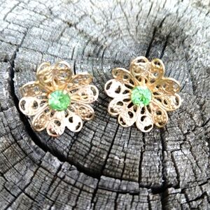 Vintage Elegant Gold Floral Earrings with Green Gem Statement Screw Back